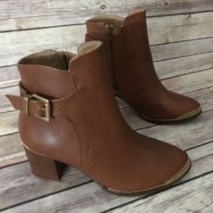 Dune London Leather Buckle Ankle Strap Brown Boots